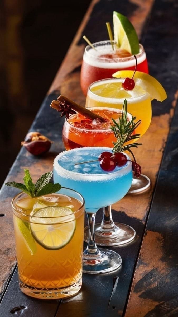A row of cocktails lined up along the bar