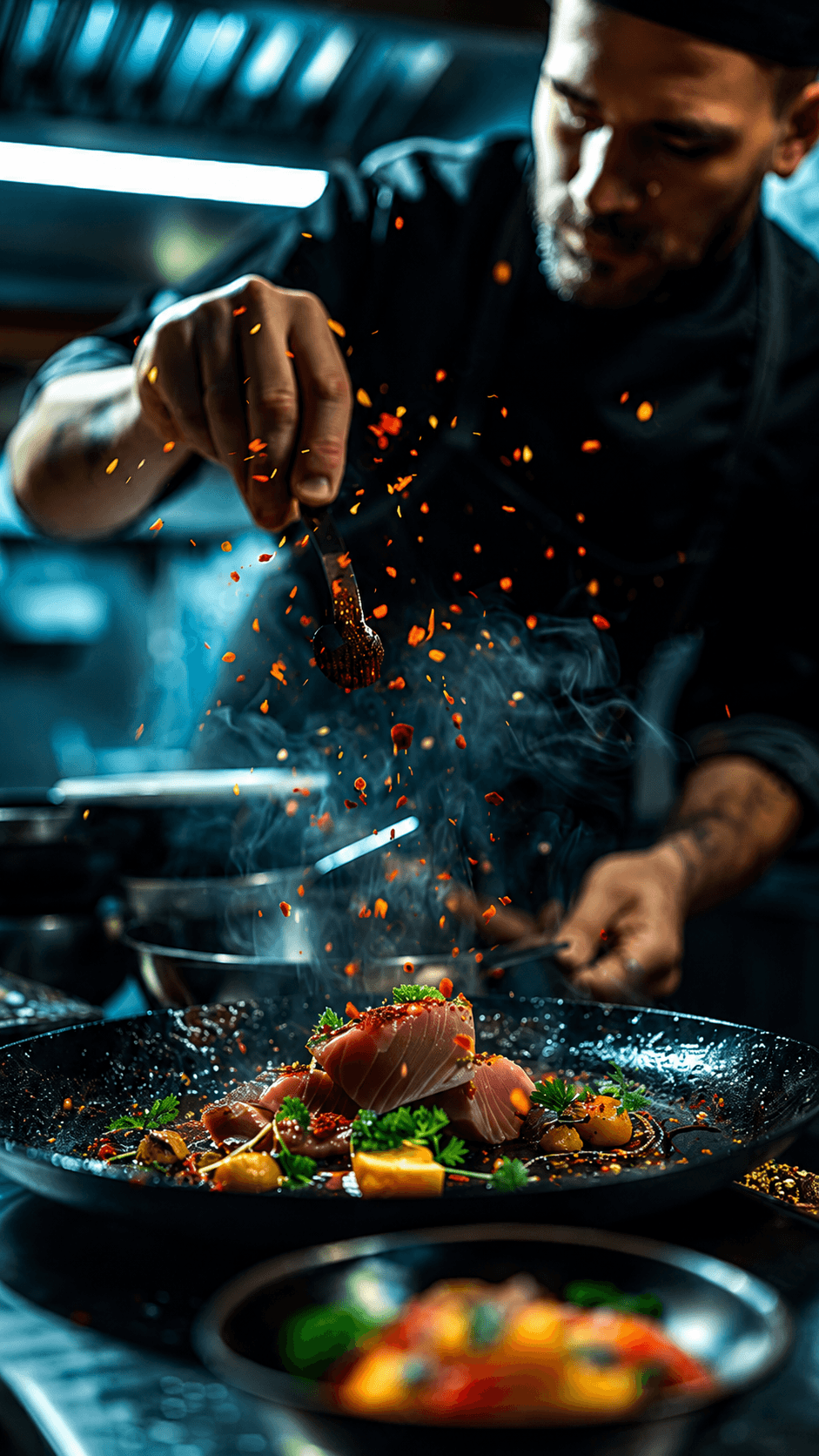 A Cook In Pot chef finishing a dish over open flame