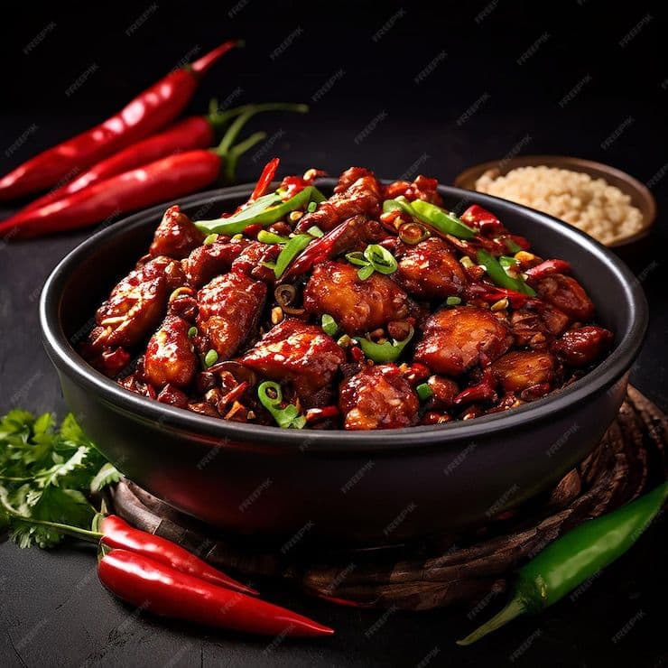 Chilli chicken finished with dried red chillies