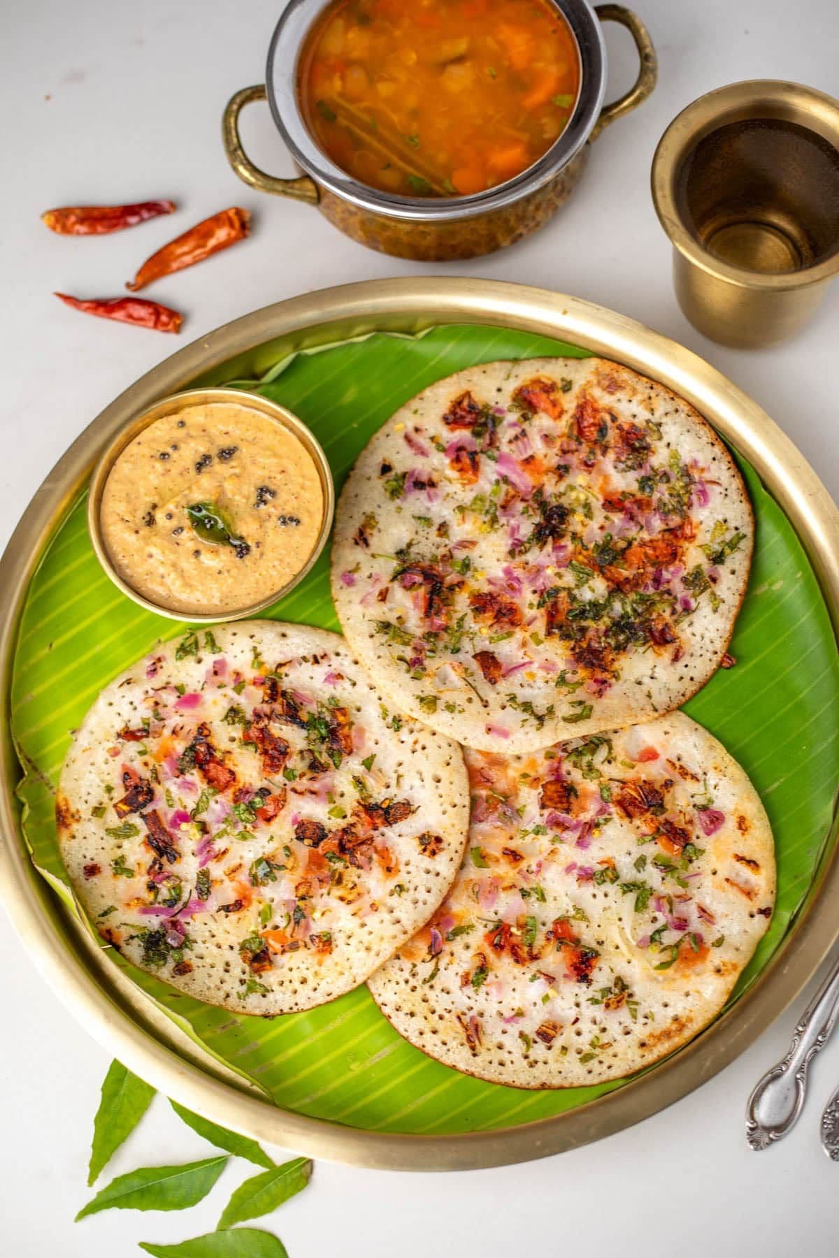 South Indian uttapam with sambar and coconut chutney