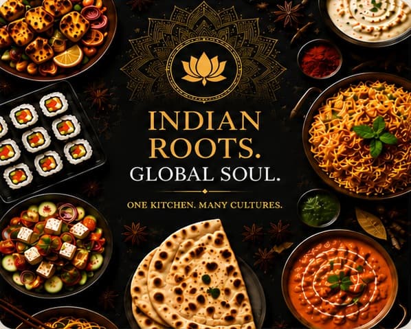 Indian dishes arranged around the words Indian Roots, Global Soul
