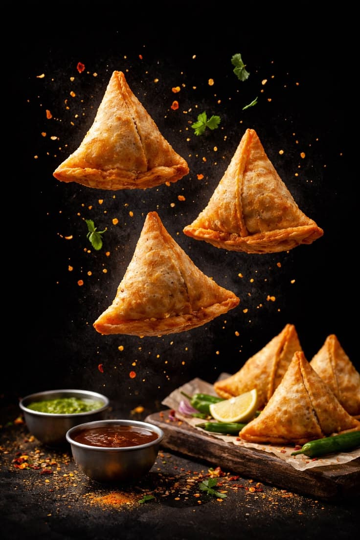 Samosas served with fresh chutney at Cook In Pot